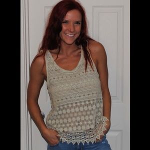 Papaya Beige Scoop Neck Lacey Tank Top